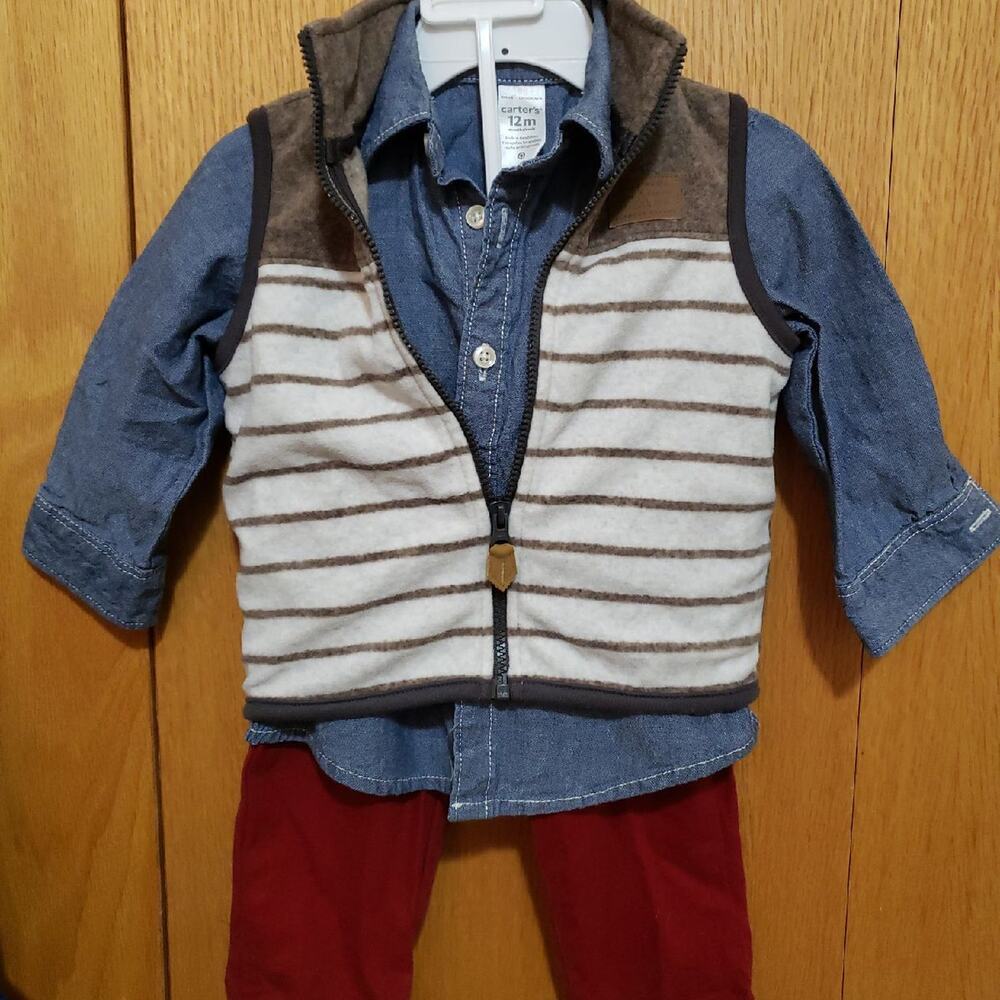 Carter’s Baby Boy 3-Piece Vest Set Denim Shirt Maroon Pants 12 Months